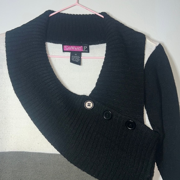 Say What? Sweater Mini Dress Women Size MEDIUM V Neck Button Details Colorblock - Picture 2 of 11